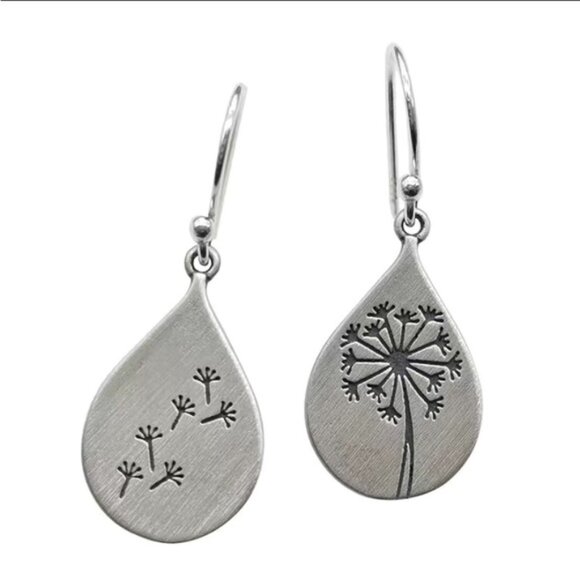 Silver Dandelion Flower Handcarved Textured Seed Earrings - Picture 6 of 7